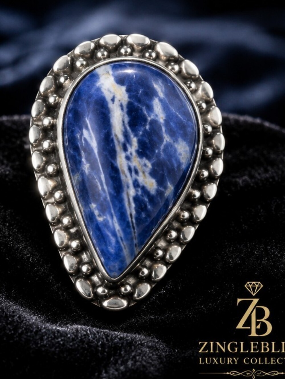 925 Sterling Silver Natural Sodalite Pear Cabochon Ring Blue Artisan Statement